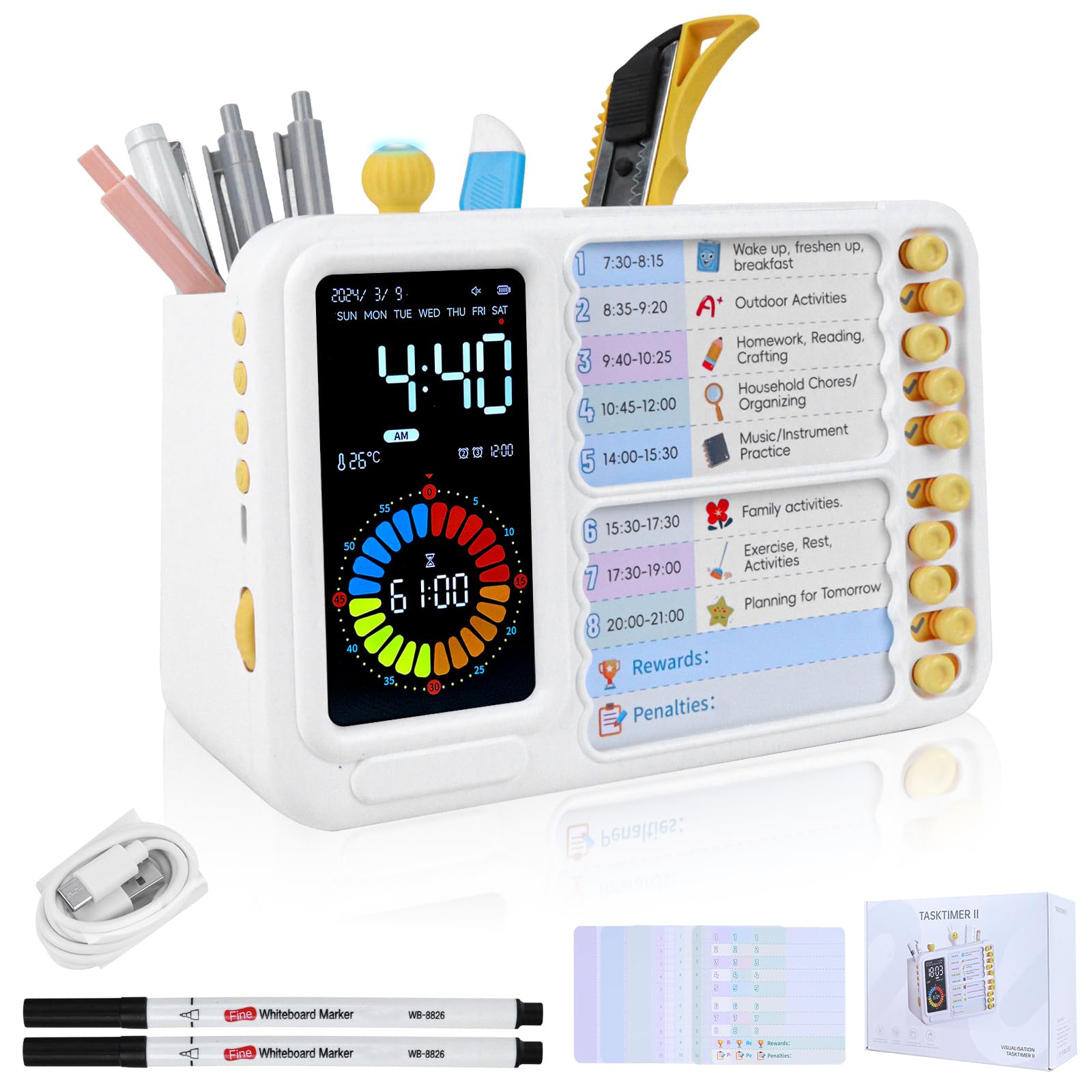 12/24 Hour Switching Visual Timer & Task Management Tool for Kids, ADHD & Autism Self-Regulation Support with 99-Minute Countdown