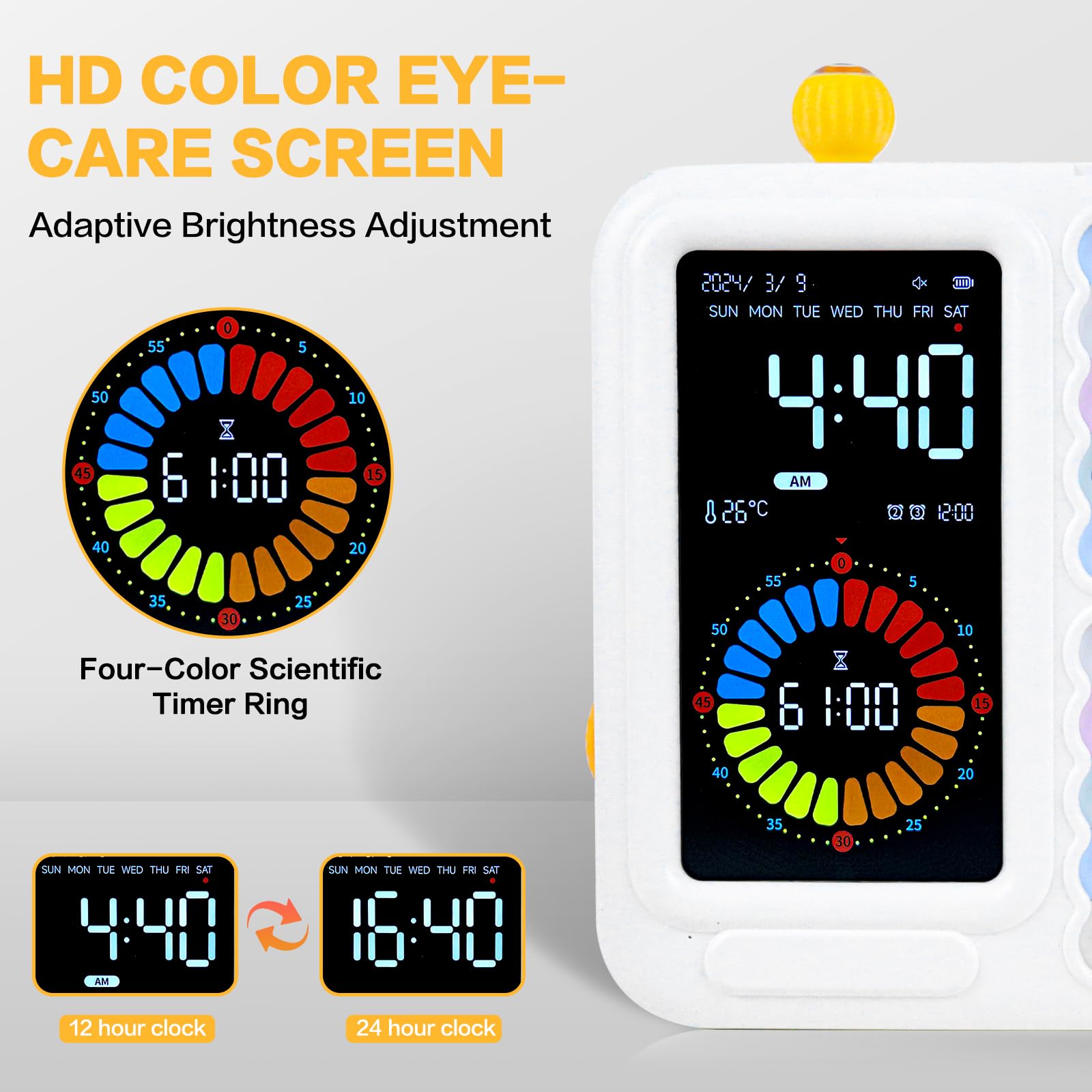 12/24 Hour Switching Visual Timer & Task Management Tool for Kids, ADHD & Autism Self-Regulation Support with 99-Minute Countdown
