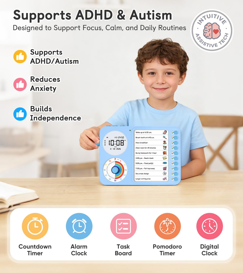 Visual Timer & Task Planner for Kids, ADHD Chore Chart Board with Daily Checklist for Home & Classroom Use