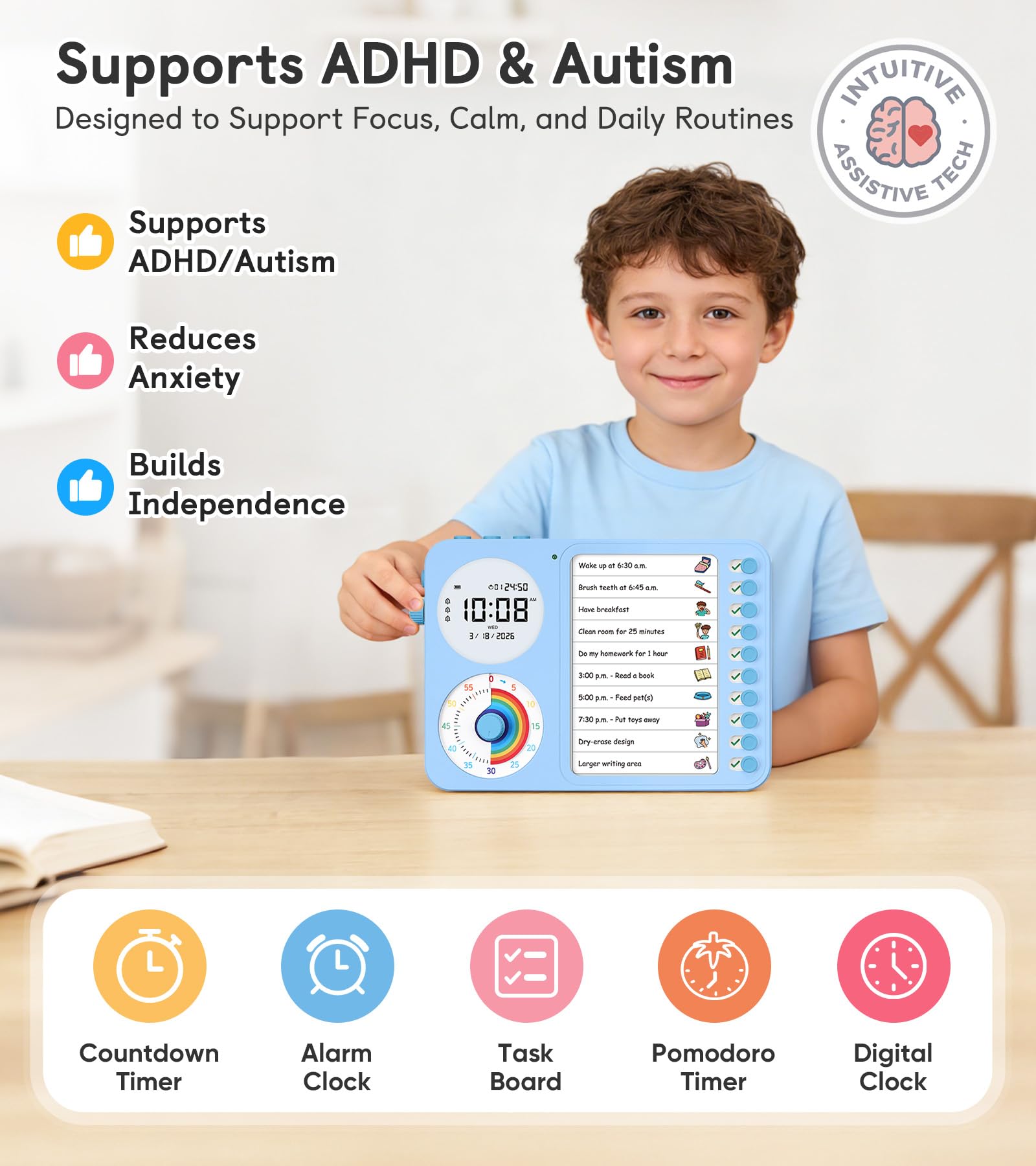 Visual Timer & Task Planner for Kids, ADHD Chore Chart Board with Daily Checklist for Home & Classroom Use