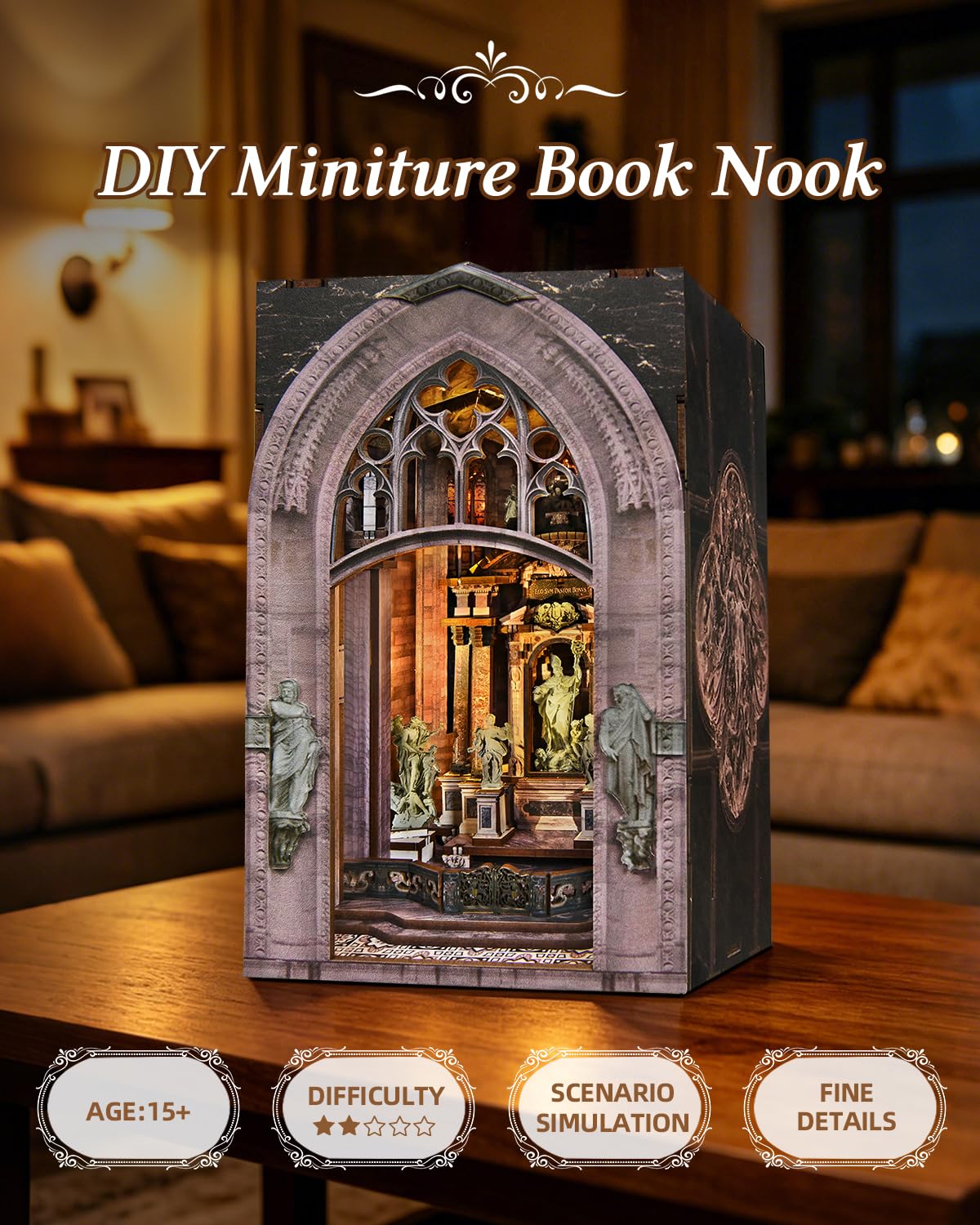 DIY Book Nook Miniature House Kit, Church Style 3D Wooden Dollhouse Model for Shelf Display and Home Decor