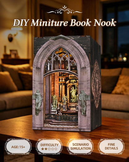DIY Book Nook Miniature House Kit, Church Style 3D Wooden Dollhouse Model for Shelf Display and Home Decor