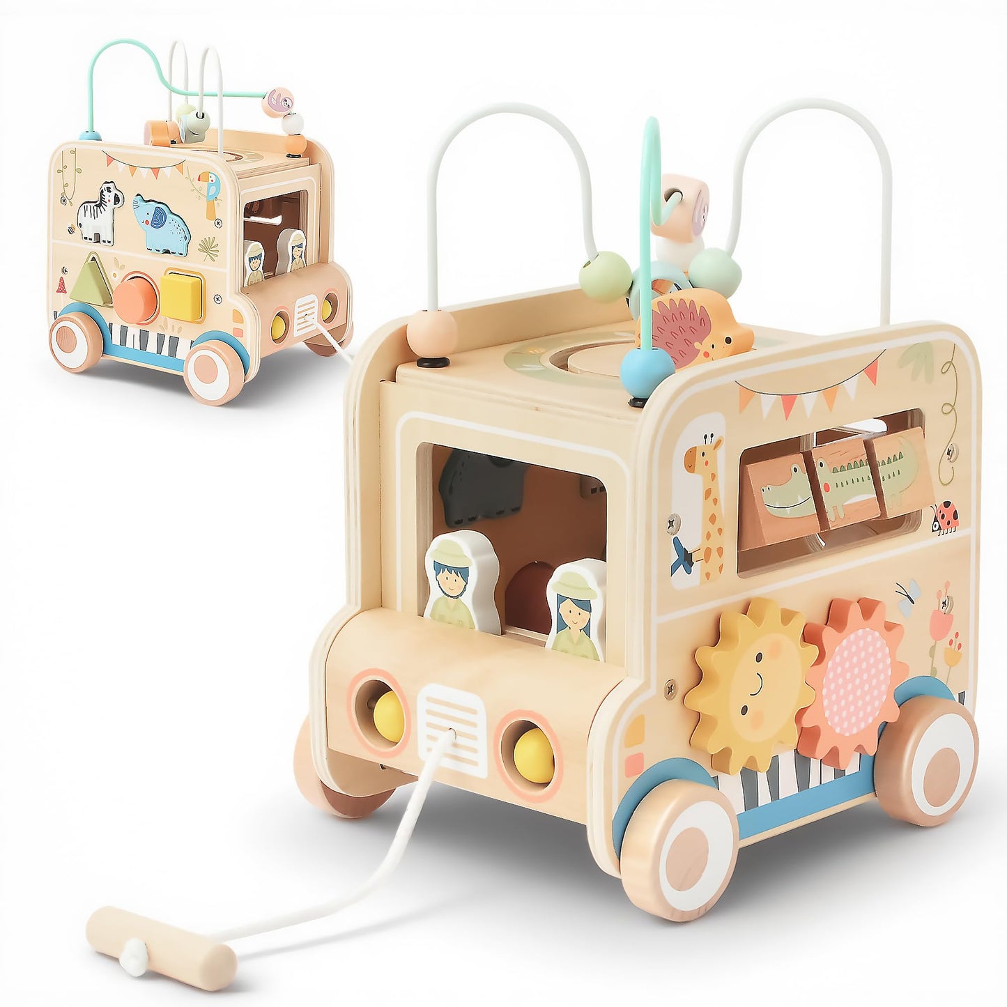 Wooden Pull-Along Activity Cube Montessori Toy for Toddlers 1–3