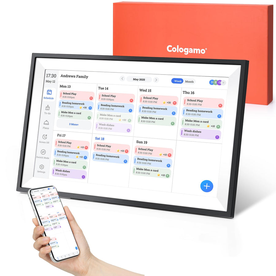 15.6" Smart Digital Calendar Chore Chart, 1080P Full HD Interactive Touchscreen Family Planner for Wall & Desk Mount, Monthly & Weekly Scheduling System (Black)