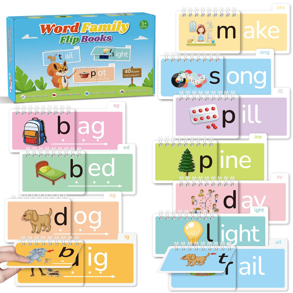 Phonics Flash Cards Word Family Build Book, 40 Read and Rhyme Flip Books Learn to Read Sight Words Flash Cards Kindergarten Reading Games for Kids Ages 4-8 1st 2nd 3rd Learning Activity