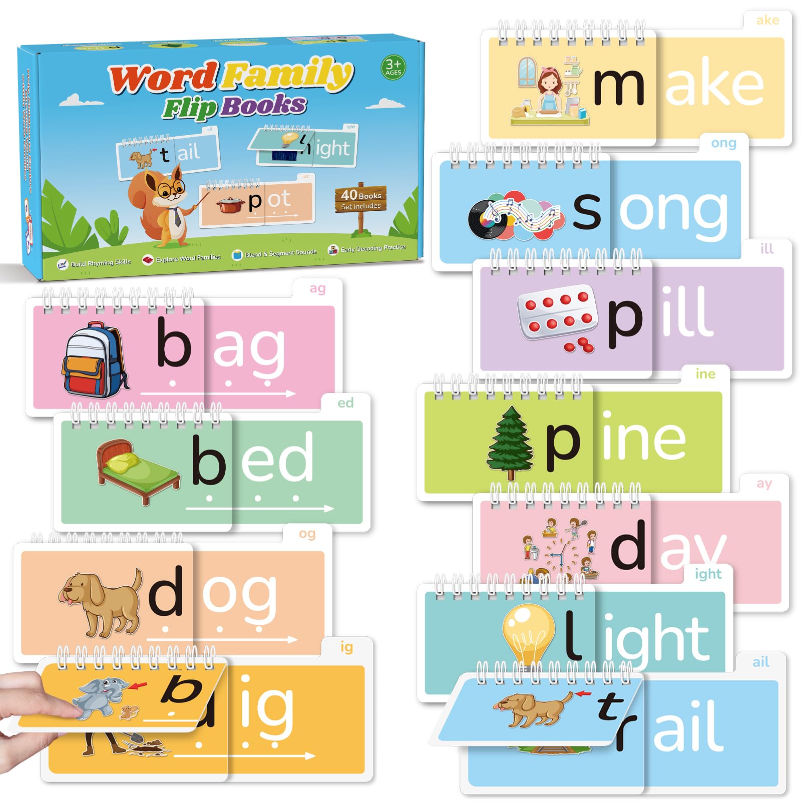 Phonics Flash Cards Word Family Build Book, 40 Read and Rhyme Flip Books Learn to Read Sight Words Flash Cards Kindergarten Reading Games for Kids Ages 4-8 1st 2nd 3rd Learning Activity