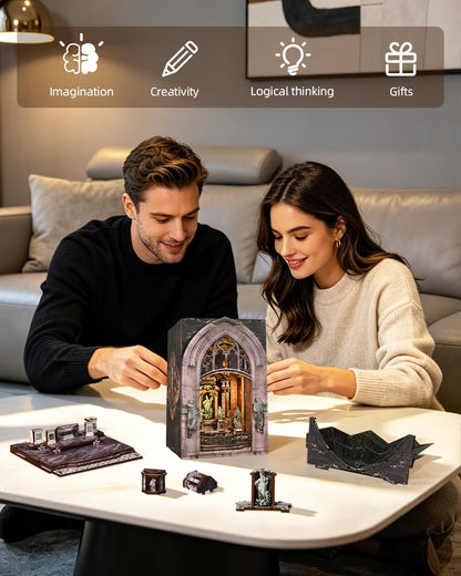 DIY Book Nook Miniature House Kit, Church Style 3D Wooden Dollhouse Model for Shelf Display and Home Decor