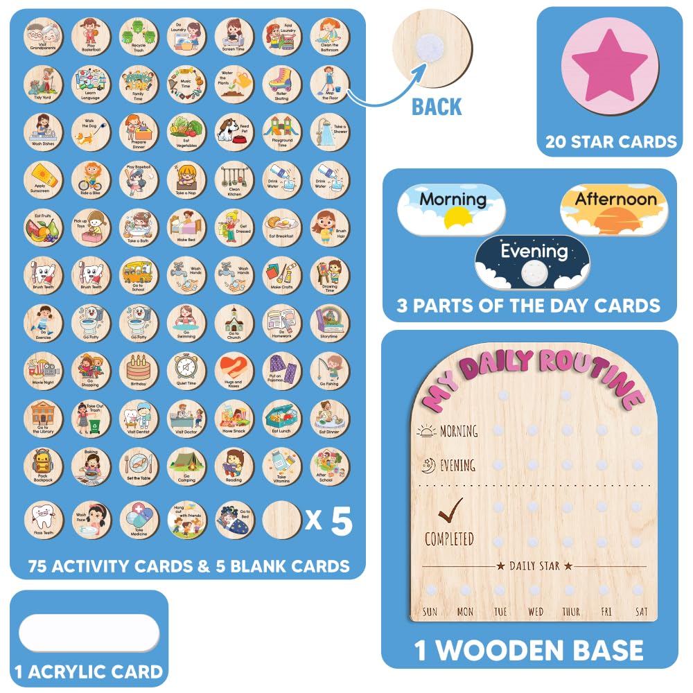 Wooden Daily Routine Chart for Kids, Visual Chore & Reward System with Morning & Bedtime Tasks