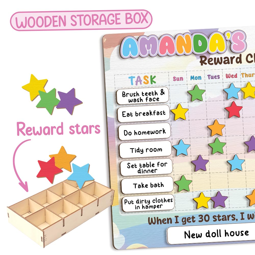 Wooden Daily Routine Chart for Kids, Montessori Visual Schedule & Reward Board with Stars for Toddlers Ages 3–6