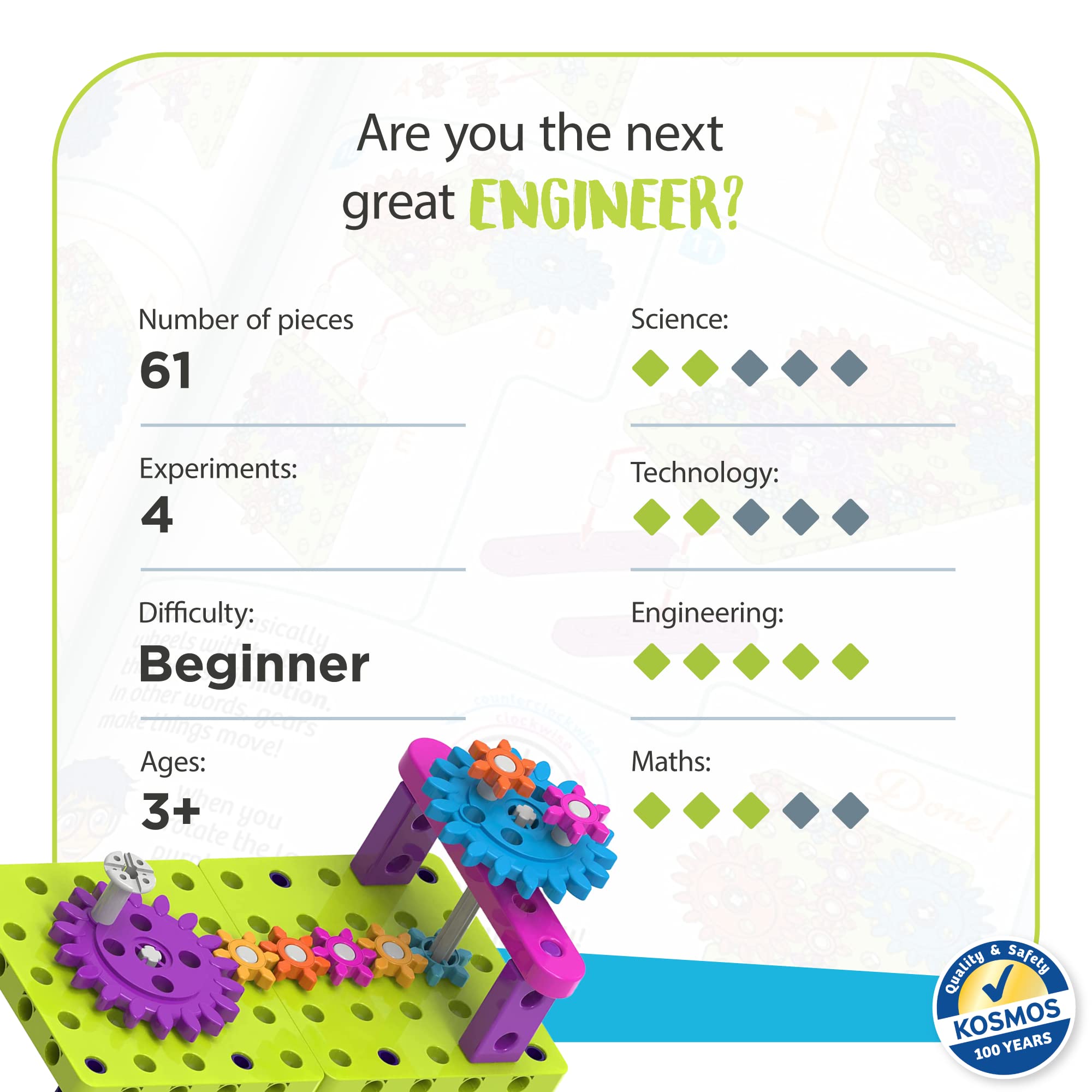 Kids First Gears STEM Building Kit, Mechanical Engineering Toy for Ages 3+