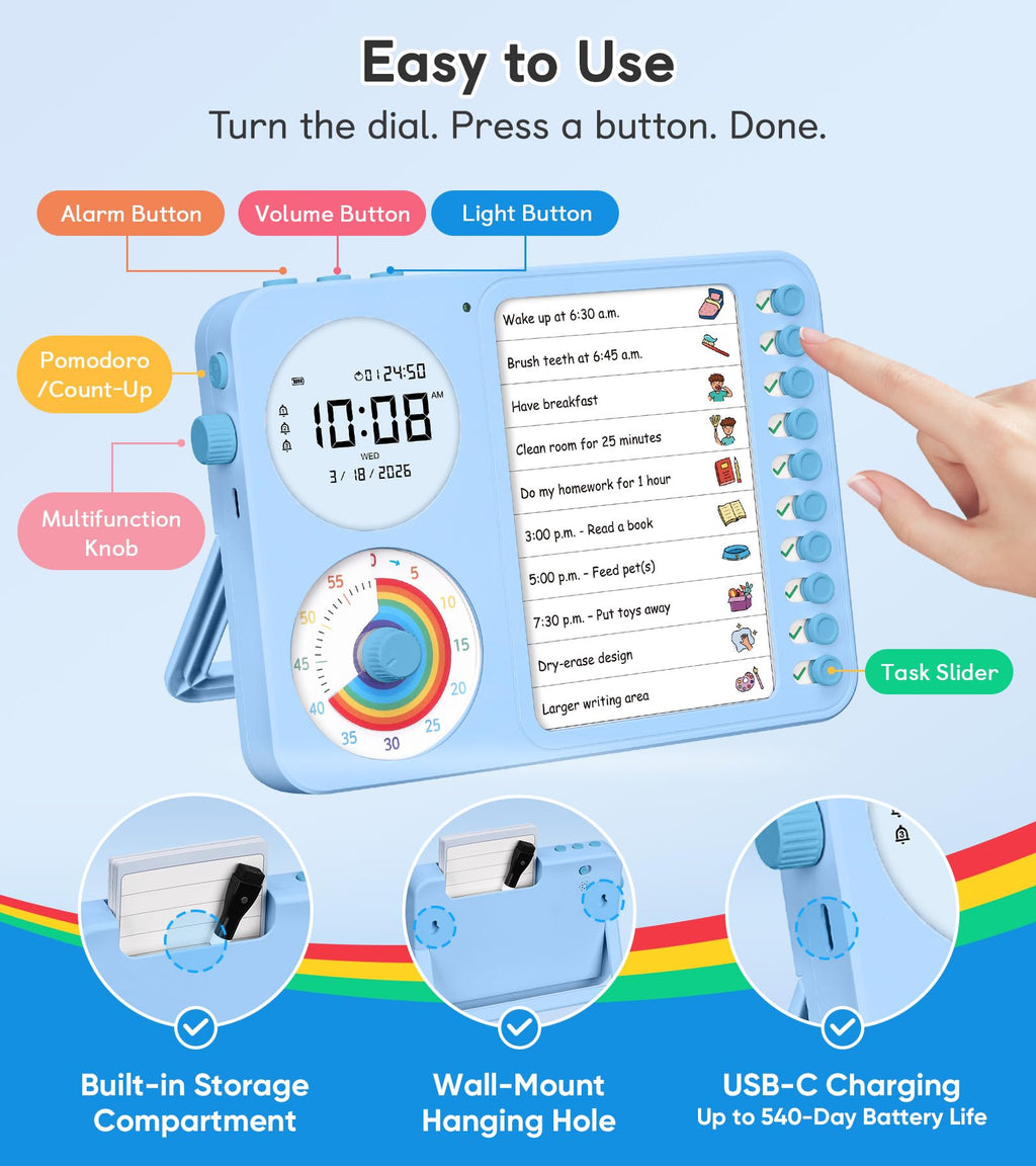 Visual Timer & Task Planner for Kids, ADHD Chore Chart Board with Daily Checklist for Home & Classroom Use