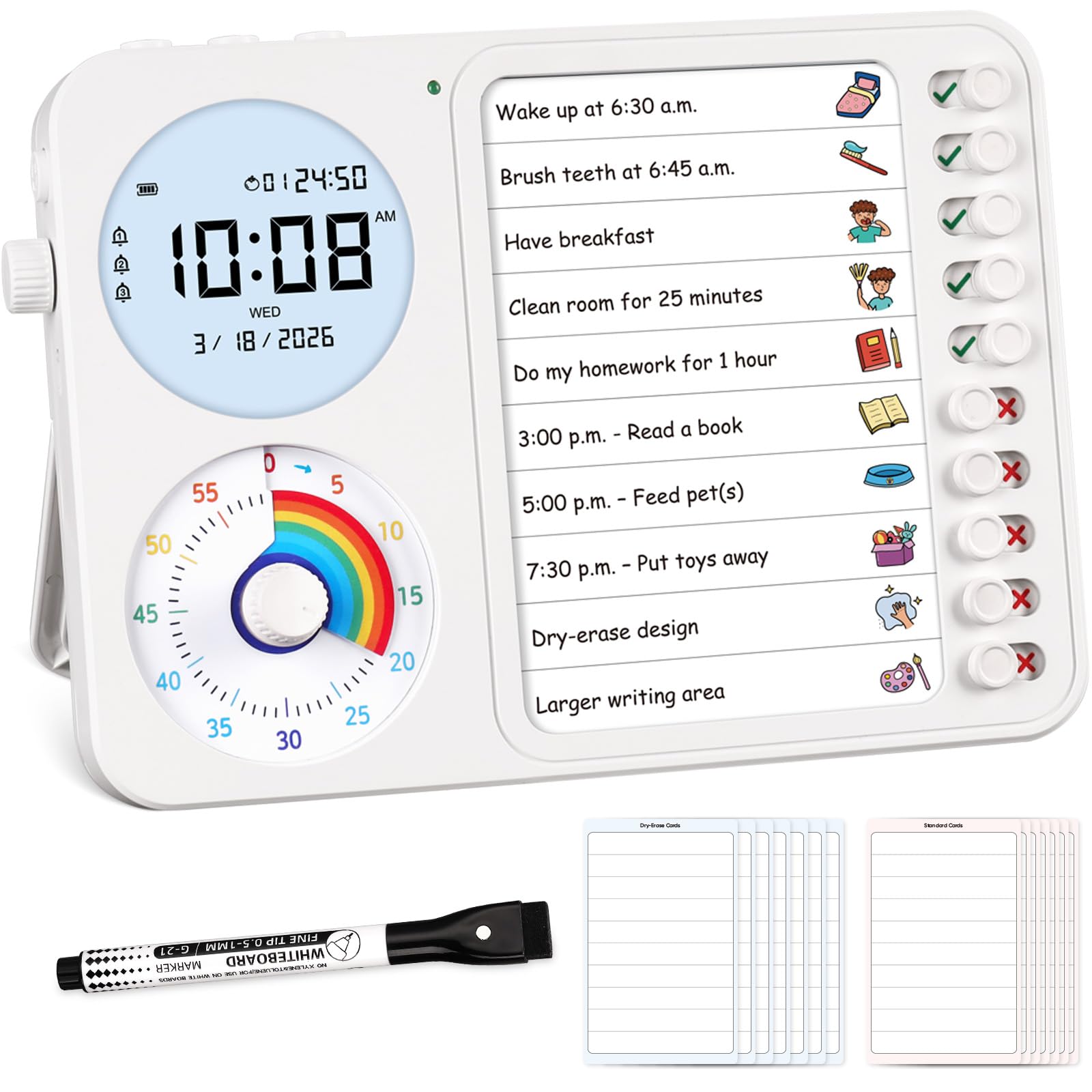 Visual Timer & Task Planner for Kids, ADHD Chore Chart Board with Daily Checklist for Home & Classroom Use