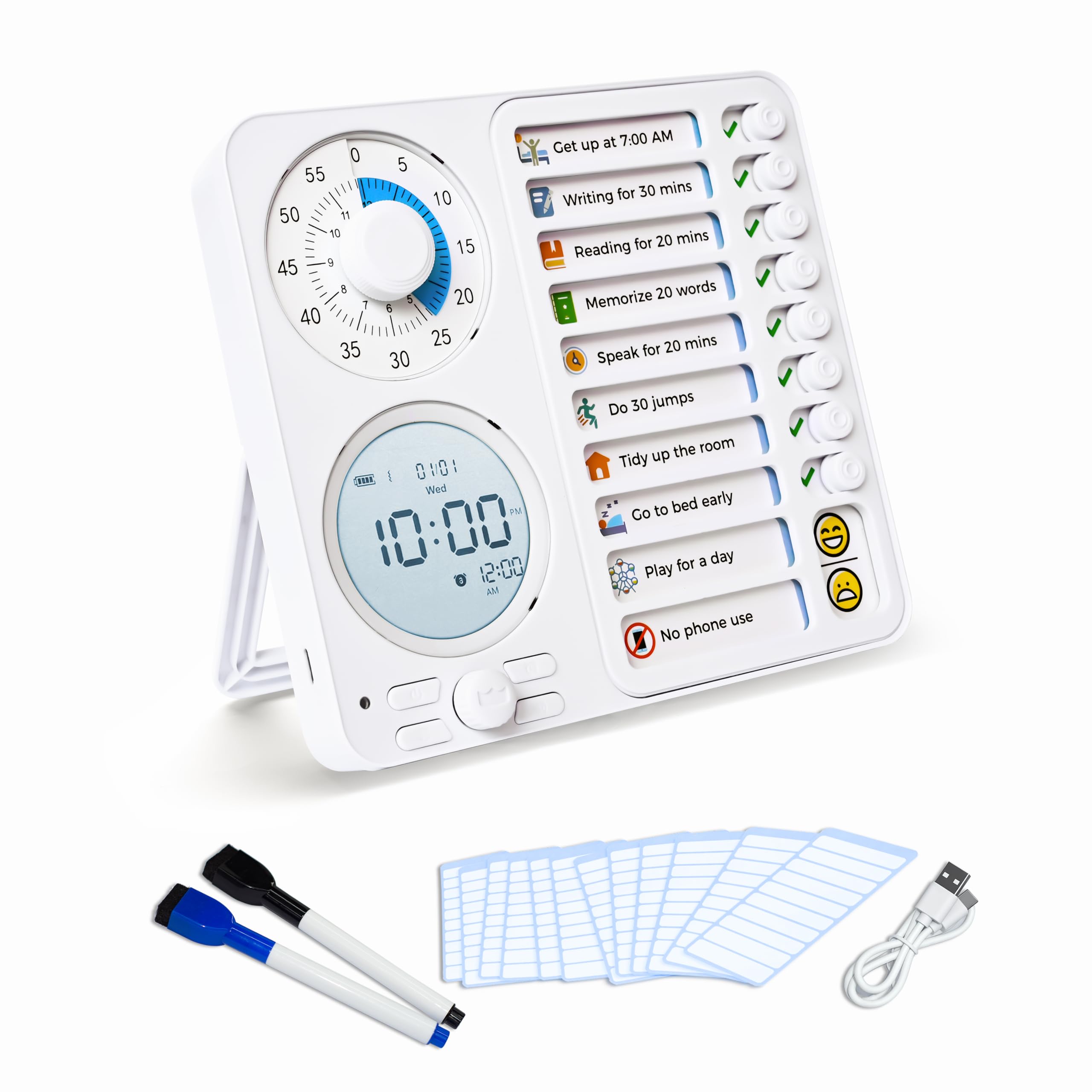 3-in-1 Visual Timer Task Timer with Chore Chart Board, ADHD Tool for Kids Adults Visual Schedule for Kids with Autism, Daily Checklist for Home, School, Classroom, Desk, Chore Chart