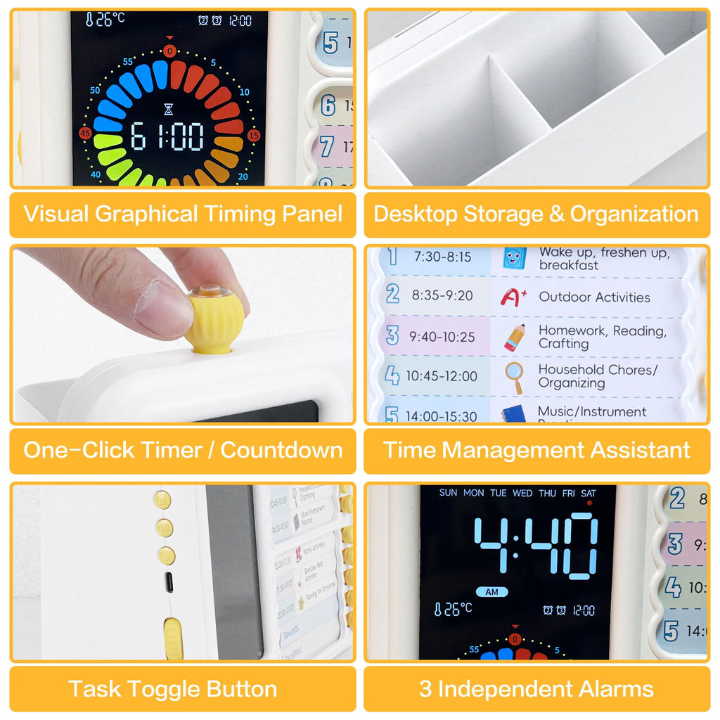 12/24 Hour Switching Visual Timer & Task Management Tool for Kids, ADHD & Autism Self-Regulation Support with 99-Minute Countdown