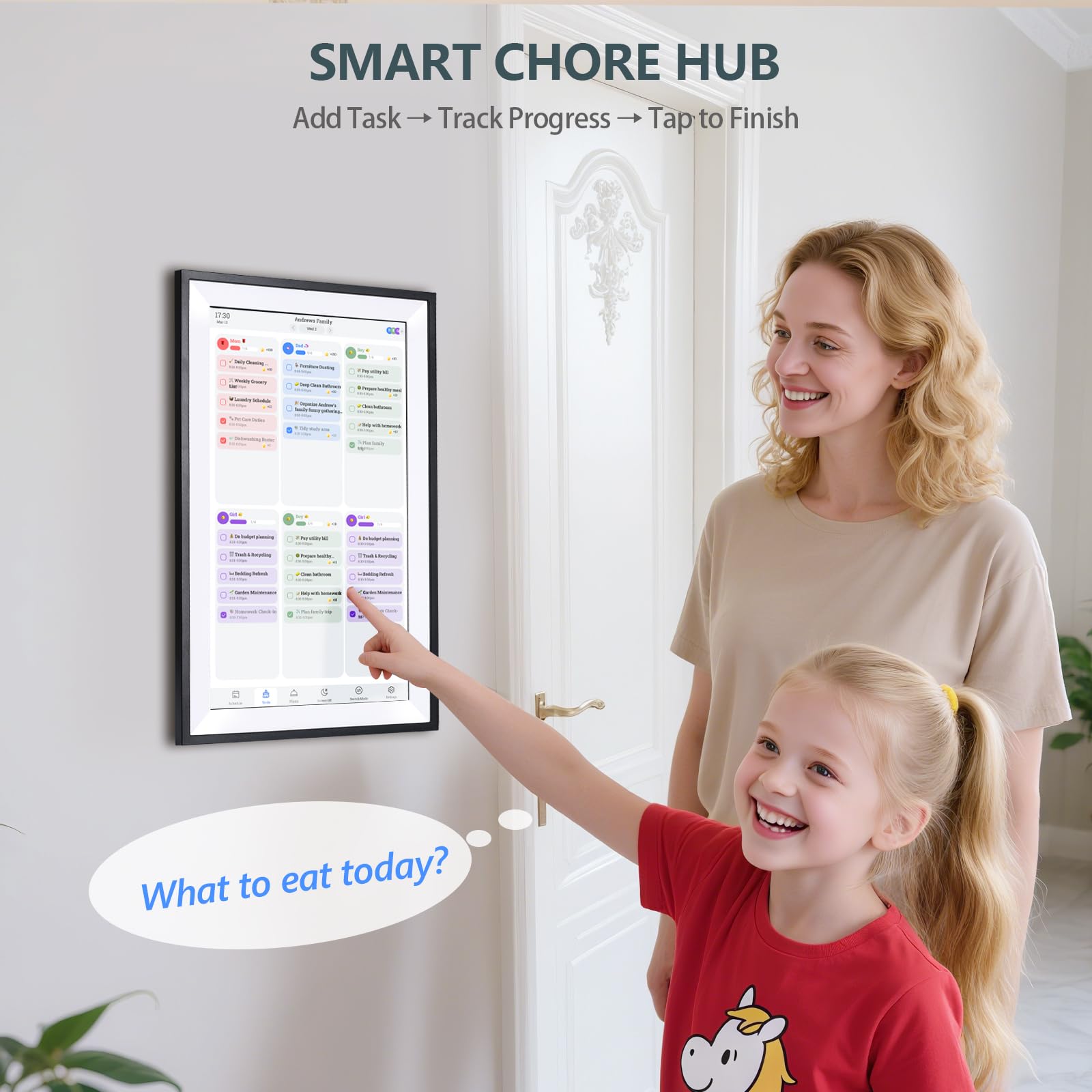 15.6" Smart Digital Calendar Chore Chart, 1080P Full HD Interactive Touchscreen Family Planner for Wall & Desk Mount, Monthly & Weekly Scheduling System (Black)