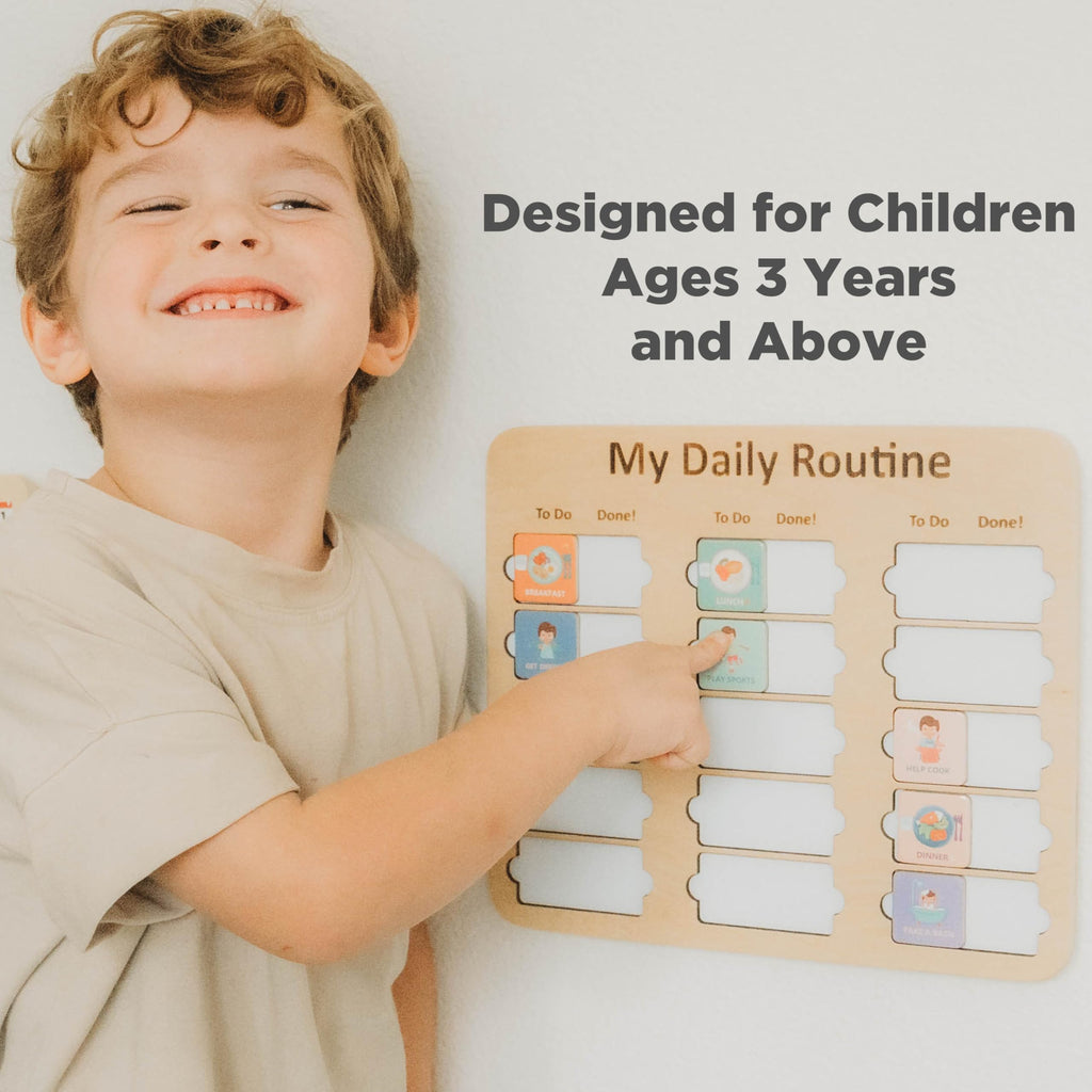 Wooden Toddler Routine Chart, Montessori Visual Schedule & Daily Bedtime Chore Board for Kids Ages 3–6