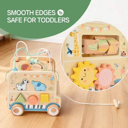 Wooden Pull-Along Activity Cube Montessori Toy for Toddlers 1–3