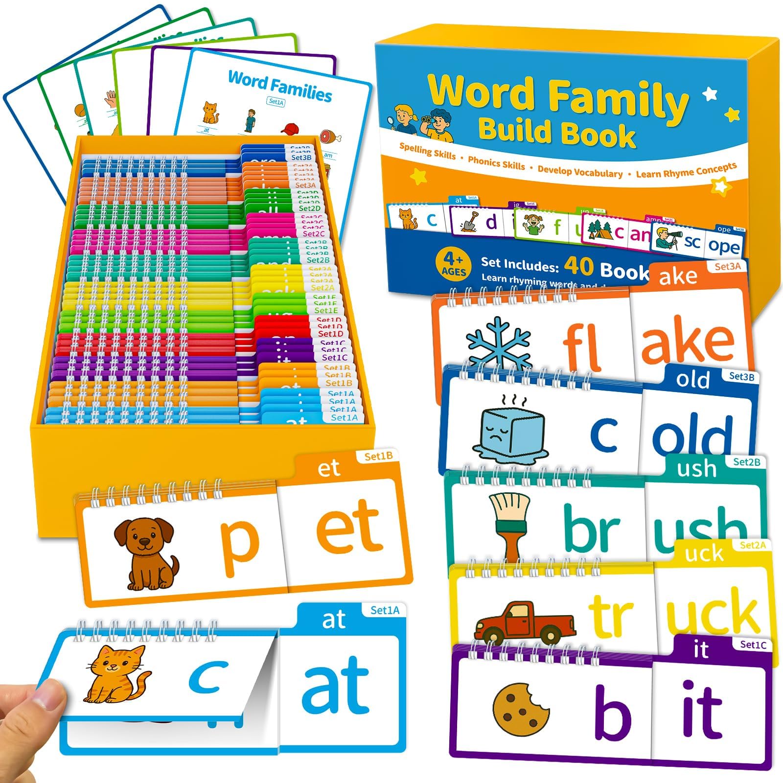 Phonics Flash Cards & Word Family Flip Book, CVC Reading Games for Kids Ages 3–8