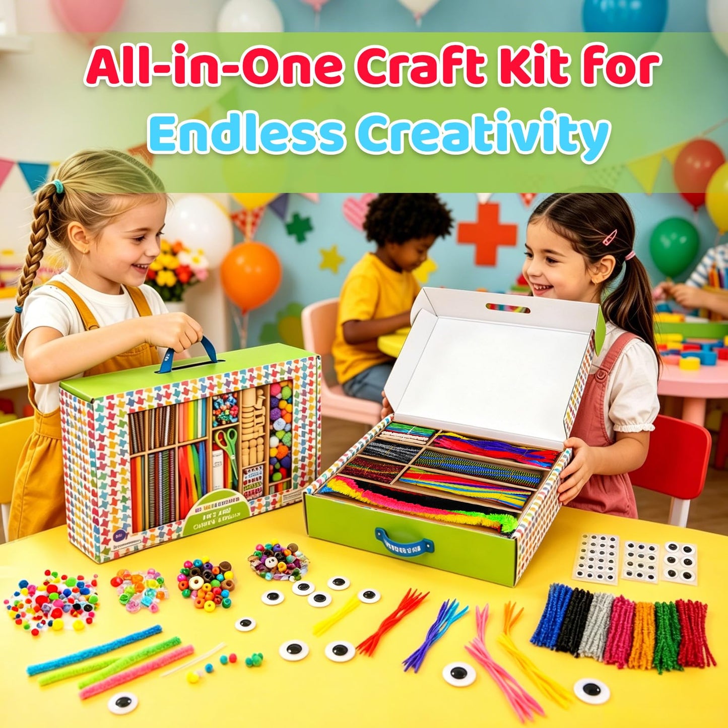 Arts & Crafts Kit for Kids, Creative DIY Supply Box for Art Projects, Craft Materials Set with Storage for Ages 4–12