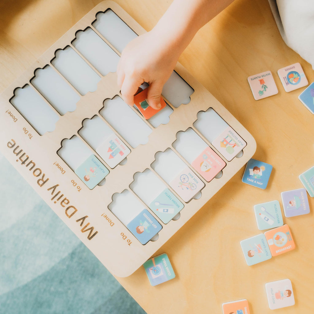Wooden Toddler Routine Chart, Montessori Visual Schedule & Daily Bedtime Chore Board for Kids Ages 3–6