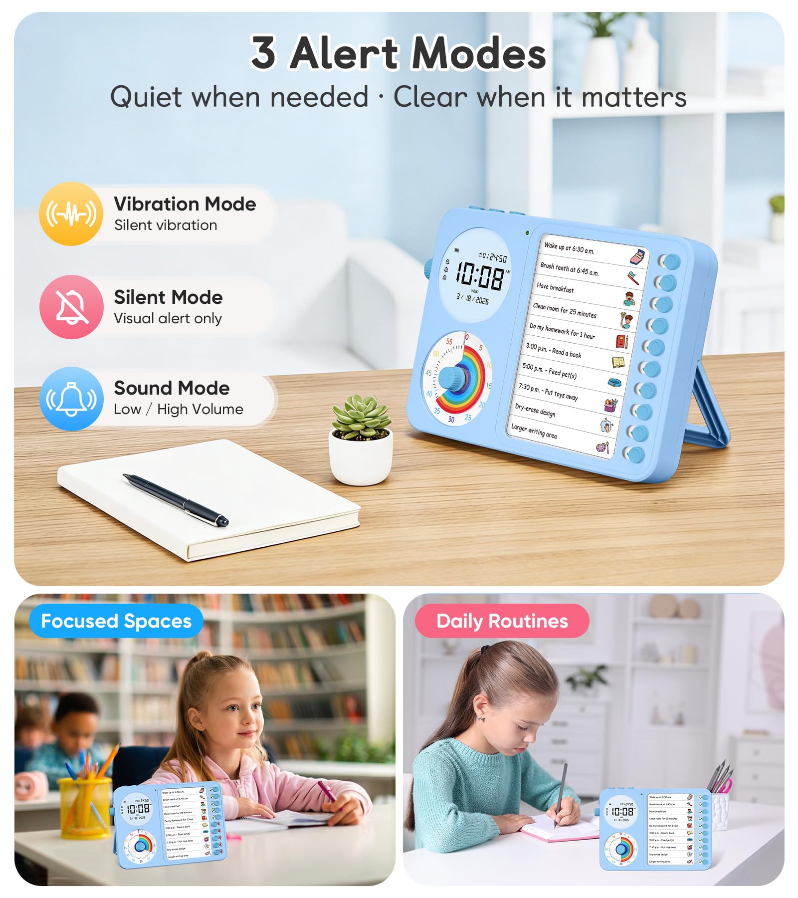 Visual Timer & Task Planner for Kids, ADHD Chore Chart Board with Daily Checklist for Home & Classroom Use