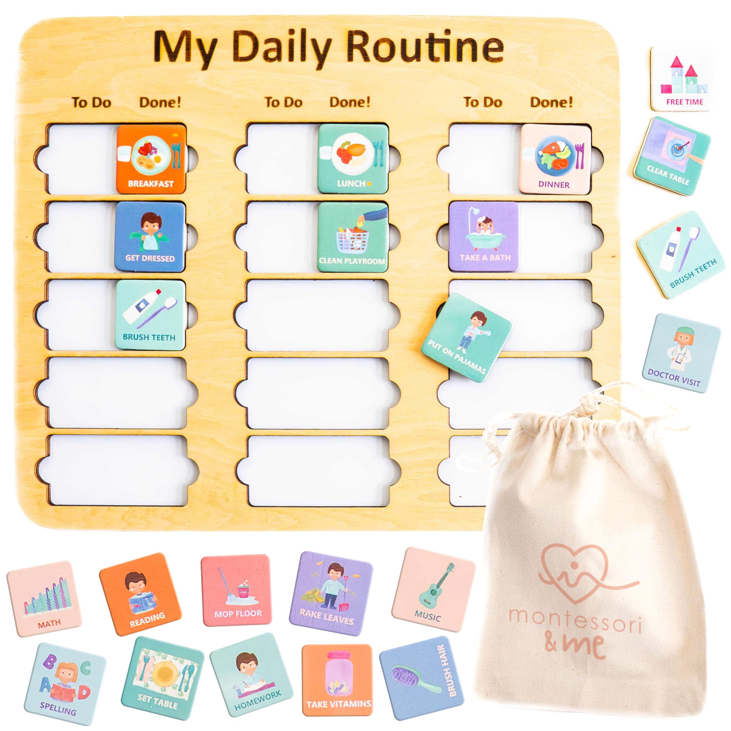 Wooden Toddler Routine Chart, Montessori Visual Schedule & Daily Bedtime Chore Board for Kids Ages 3–6