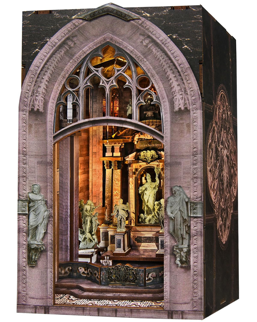 DIY Book Nook Miniature House Kit, Church Style 3D Wooden Dollhouse Model for Shelf Display and Home Decor