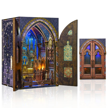DIY Book Nook Miniature House Kit, Church Style 3D Wooden Dollhouse Model for Shelf Display and Home Decor