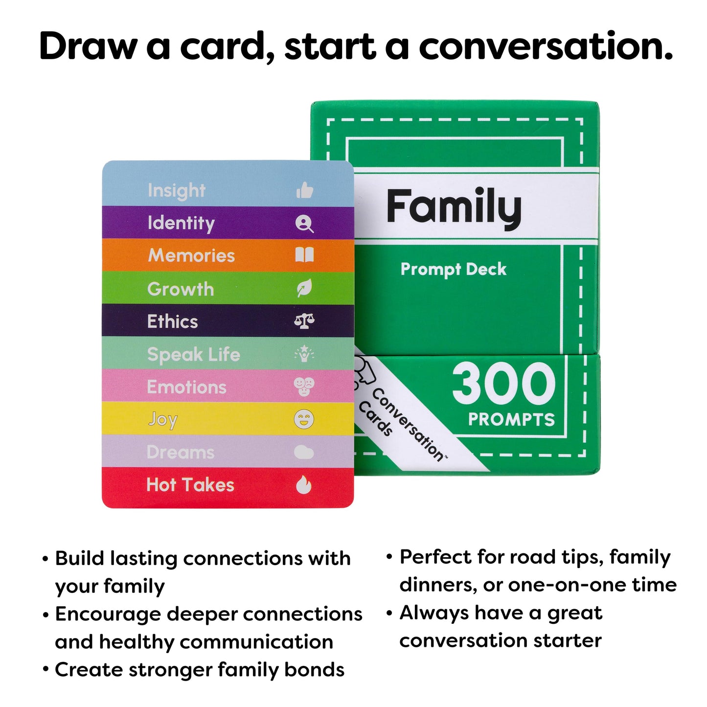 Conversation Starter Cards, Deep Connection & Open-Ended Questions for Families, Friends & Kids (150 Cards, 300 Prompts)