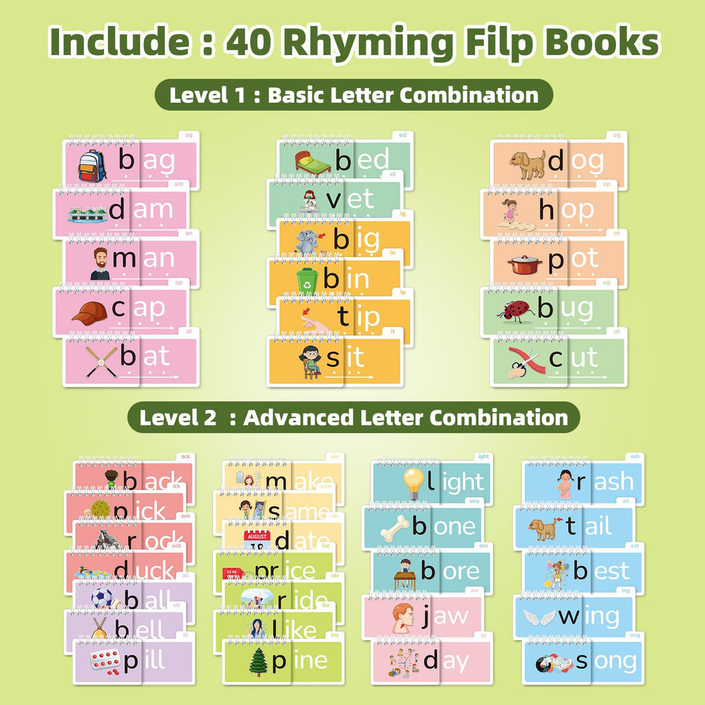 Phonics Flash Cards Word Family Build Book, 40 Read and Rhyme Flip Books Learn to Read Sight Words Flash Cards Kindergarten Reading Games for Kids Ages 4-8 1st 2nd 3rd Learning Activity