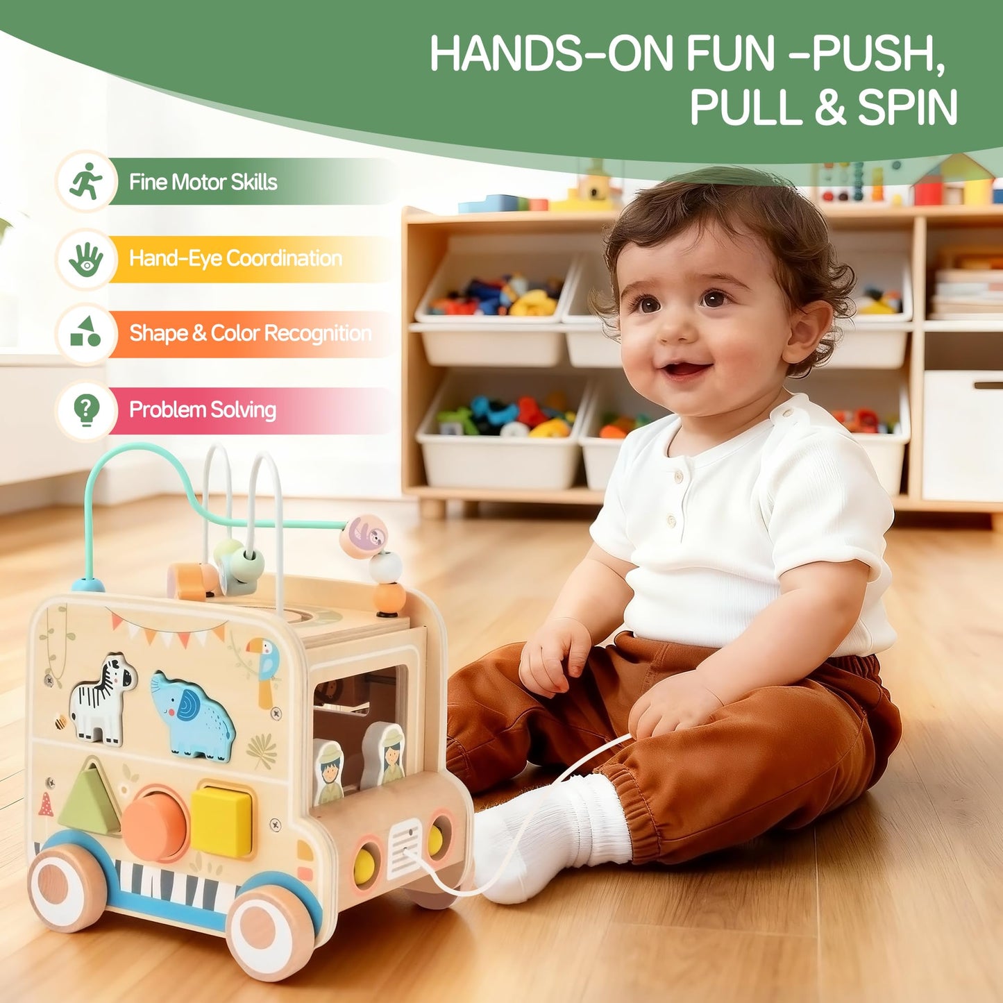 Wooden Pull-Along Activity Cube Montessori Toy for Toddlers 1–3