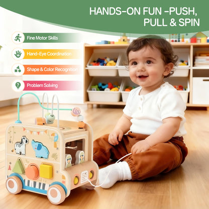 Wooden Pull-Along Activity Cube Montessori Toy for Toddlers 1–3