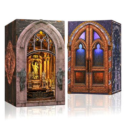 DIY Book Nook Miniature House Kit, Church Style 3D Wooden Dollhouse Model for Shelf Display and Home Decor