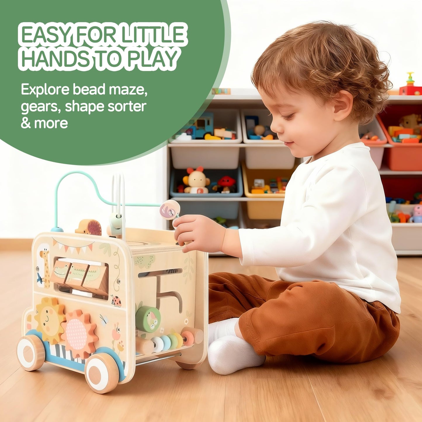 Wooden Pull-Along Activity Cube Montessori Toy for Toddlers 1–3