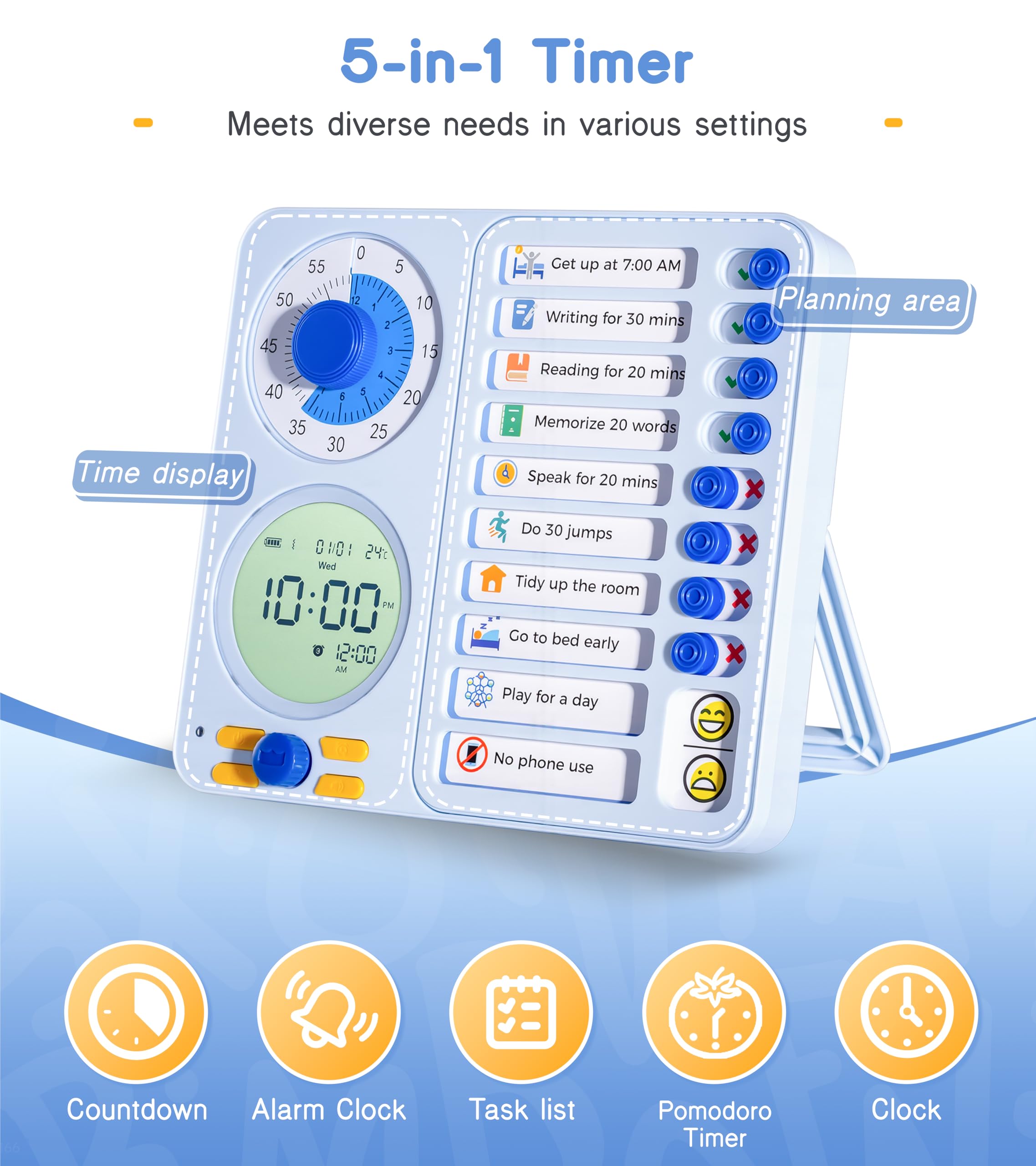 3-in-1 Visual Timer Task Timer with Chore Chart Board, ADHD Tool for Kids Adults Visual Schedule for Kids with Autism, Daily Checklist for Home, School, Classroom, Desk, Chore Chart