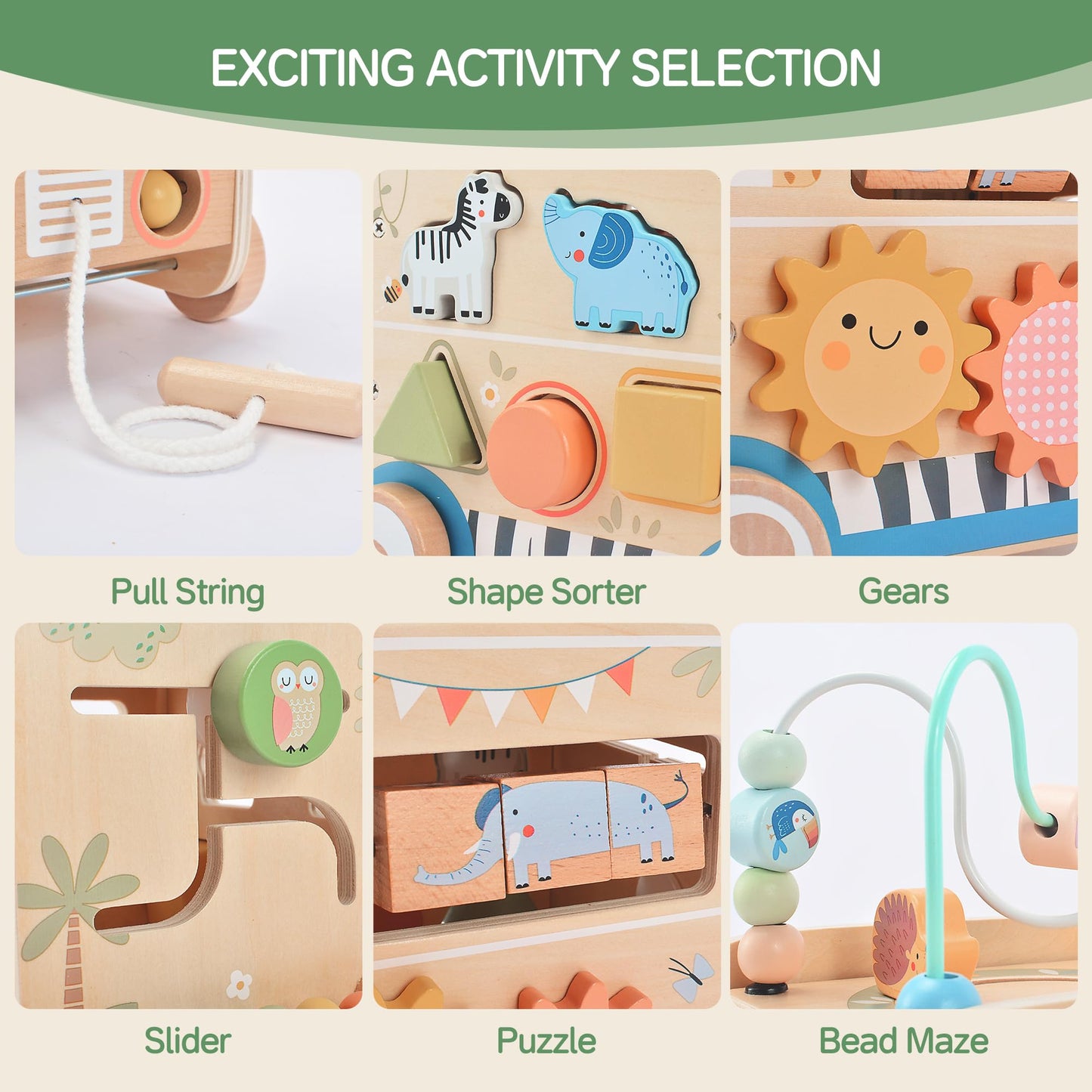 Wooden Pull-Along Activity Cube Montessori Toy for Toddlers 1–3
